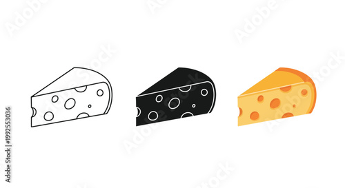 A versatile vector graphic illustration showcasing three distinct styles of a delicious cheese wedge, perfect for food-related designs, menus, or educational materials.
