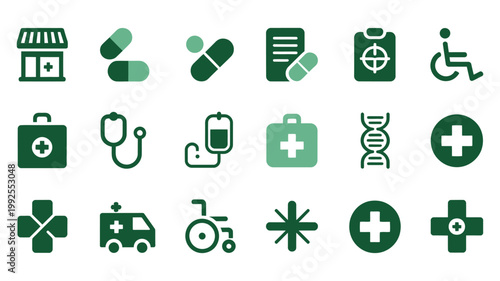Healthcare and pharmacy icons, medical care and hospital service symbol set, medicine pills, stethoscope