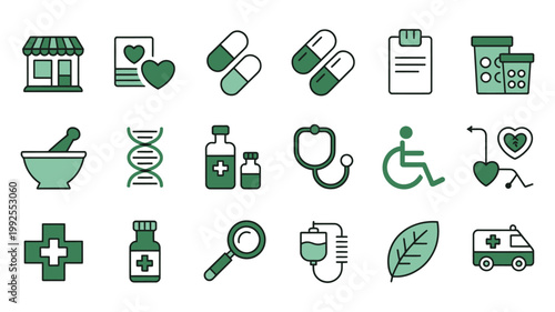 Healthcare and pharmacy icons set, including medicine, hospital service, medical equipment, and healthcare symbols