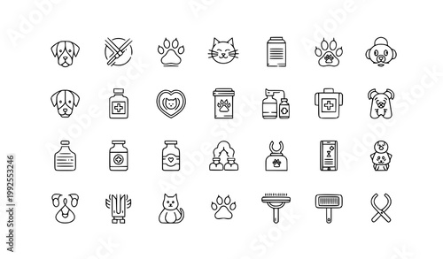 Minimal pet icons set veterinary care dog cat paw vaccine outline vector eps10