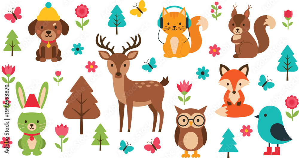 Naklejka premium Cute Woodland Animal and Flower Set with Bunny, Deer, Fox, Owl, Squirrel, and More, Cartoon Style Forest Animal Vector Illustrations