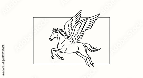 Mythical Pegasus Horse Flying with Wings, Line Art Illustration