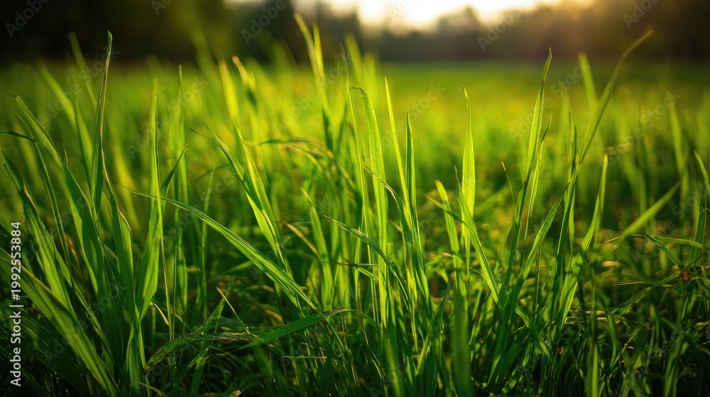 Obraz premium shallow. Lush green spring grass field bathed in morning sunlight, evoking freshness. travel magazines, destination branding, designed for travel destination branding, used by project managers.