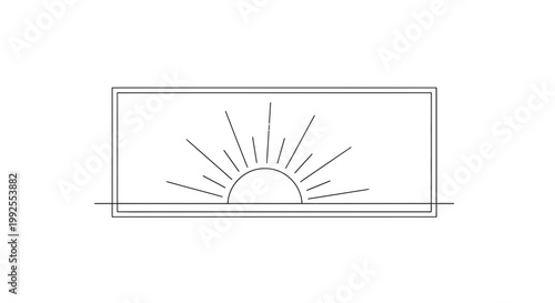 Minimalist Sunrise Line Art in Rectangle Frame - Dawn Horizon, Sun Rays, Simple Geometric Design