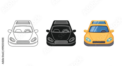 This vibrant vector graphic illustration displays three different styles of a yellow car front view including outline silhouette and colorful designs for diverse creative project needs