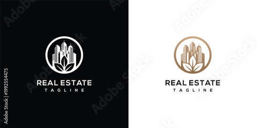 Modern Real Estate Logo with City Buildings and Green Leaves in a Circular Design