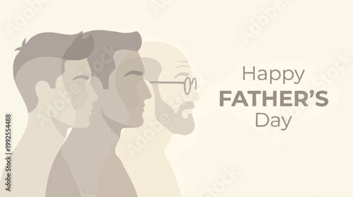 Minimalist vector illustration of three generations of men in overlapping profile silhouettes celebrating Happy Father's Day on a neutral background.