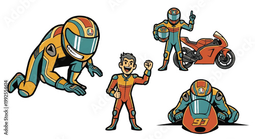 Motorcycle racers in action poses set