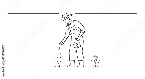 Farmer planting seeds in soil, new plant growing, agriculture concept, line art