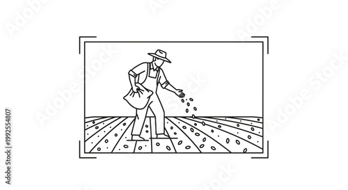 Farmer sowing seeds by hand in a field, agricultural work, line art illustration