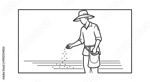 Farmer sowing seeds by hand in a field, agricultural work, planting season, organic farming
