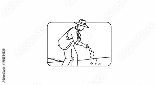Farmer sowing seeds by hand in a field, illustration, agriculture concept