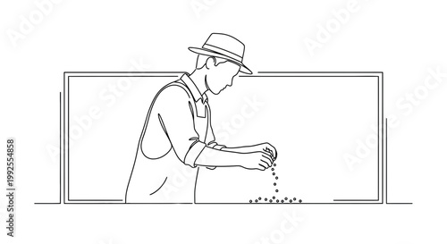 Farmer sowing seeds by hand in a field, line art illustration
