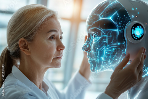 Senior scientist research about aging, health and disease with artificial intelligence technology. Medical science and biotechnology.