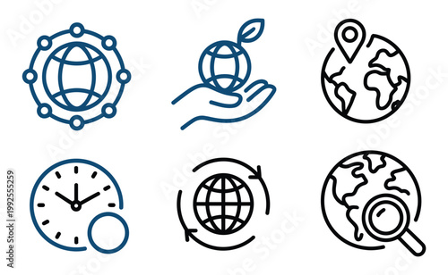 Icons featuring world, time, and global communication concepts, ideal for international business and travel themes, modern flat vector illustration