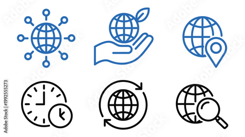 Icons featuring world, time, and global communication concepts, global network and time zone symbols