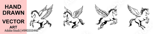 Hand drawn winged horse pegasus vector illustration set mythical flying horse collection black and white line art fantasy creature design isolated on background