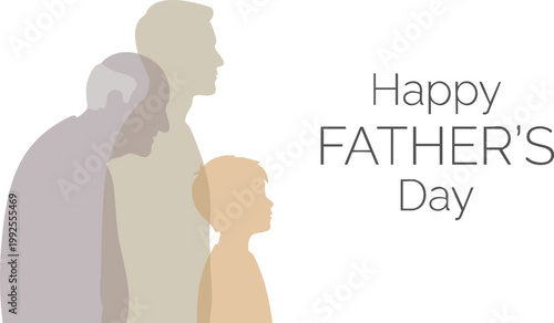 Conceptual illustration of three male generations in profile silhouettes with Happy Father's Day text on a white background.