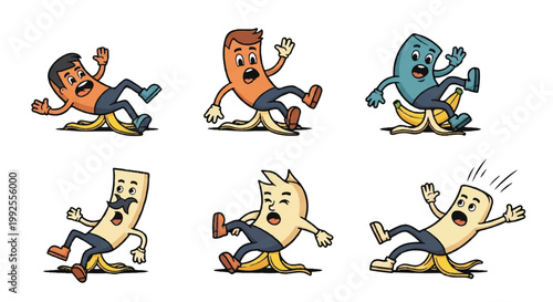 Cartoon figures slipping on banana peels in various colors