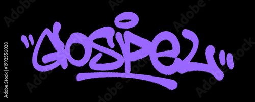 Bold graffiti tag of the word Gospel in purple handstyle. Urban street art representing the good news, spiritual message, and biblical truth.