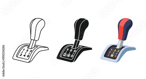 A detailed vector graphic illustration depicting three styles of a car gear shift lever for automotive design concepts or manual transmission vehicle elements.