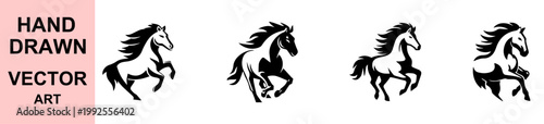Hand drawn running horse vector illustration collection dynamic galloping stallion silhouettes black and white artistic animal design isolated on clean background for branding use