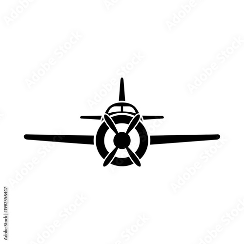 Vintage Aircraft Silhouette, Classic Airplane Front View, Propeller Engine Vector Icon