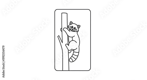Cute Red Panda Climbing Tree Trunk Outline Vector Illustration