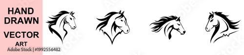 Hand drawn horse head vector illustration collection elegant equine portrait silhouettes black and white artistic logo design isolated on background for branding identity use
