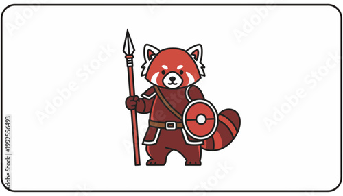 Cute Red Panda Warrior with Spear and Shield, Cartoon Style