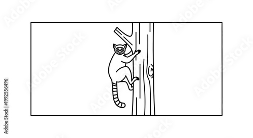 Cute Ring-tailed Lemur Climbing Tree Trunk, Black and White Line Art Illustration