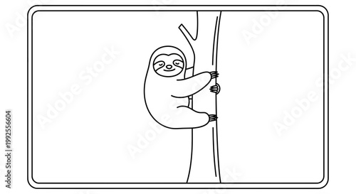 Cute Sloth Hanging on Tree Branch, Simple Line Drawing, Vector Illustration