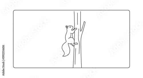 Cute Squirrel Climbing Tree Trunk - Line Art Illustration