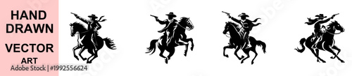 Hand drawn cowboy riding horse vector illustration set western rider silhouette collection black and white vintage wild west scene design isolated on background for posters