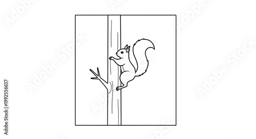 Cute Squirrel Climbing Tree Trunk in Black and White Sketch Style