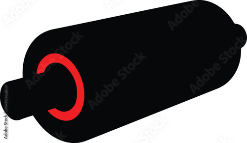 Black cylindrical object with a red ring detail, possibly a muffler or a component in machinery.