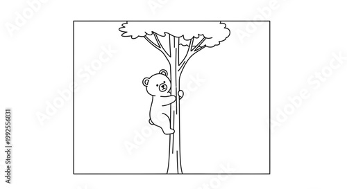 Cute Bear Cub Climbing a Tall Tree in a Forest - Black and White Line Art Illustration