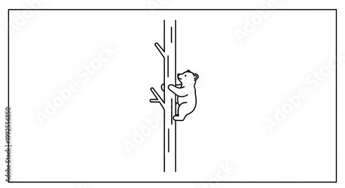 Cute Bear Cub Climbing Tree Trunk - Simple Line Art Illustration