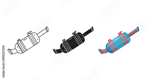 Automotive exhaust muffler vector graphic illustration design elements showing different styles and colors