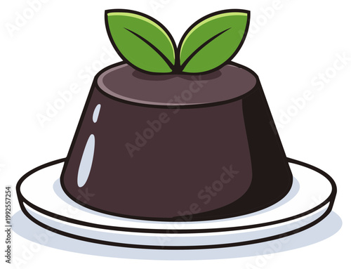 Delicious chocolate pudding dessert with green leaf garnish on a plate cartoon illustration