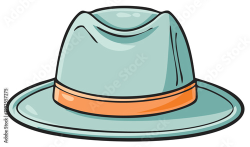 Cartoon illustration of a light blue classic fedora hat with an orange band