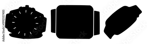 Smartwatch set with sleek black silhouette on white background featuring wearable technology, timekeeping, digital display with smartwatch and sports