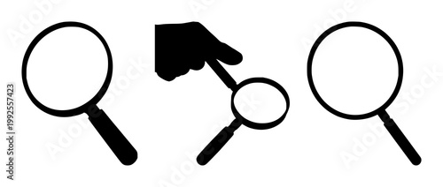 Magnifying glass set with black silhouette on white background featuring search, inspection, close‑up lens with magnification and focus