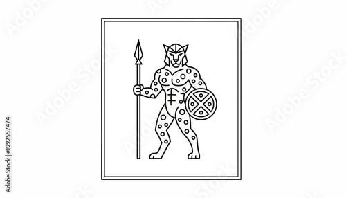 Warrior Leopard Man Holding Spear and Shield, Tribal Emblem, Black and White Line Art