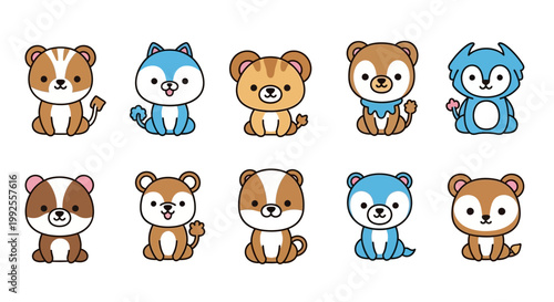 Collection of funny cartoon animal head icons featuring a cute cat, dog, lion, and bear character set for baby nursery vector illustration