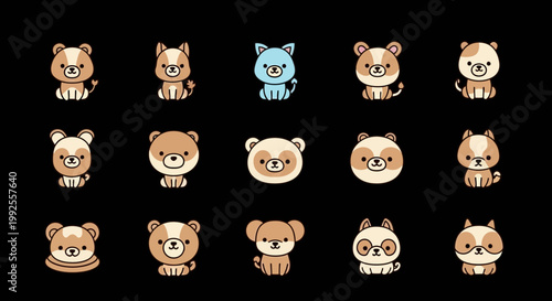 Vector illustration set of funny cartoon animal icons featuring a cute dog, cat, lion, and panda face character pattern for a kid