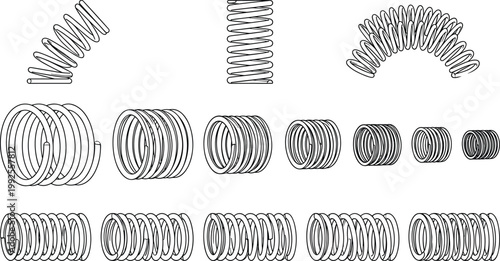 Coil Spring Variations Set with Compression Extension and Curved Helical Shapes Technical Mechanical Engineering Vector Illustration for Industrial Design Applications