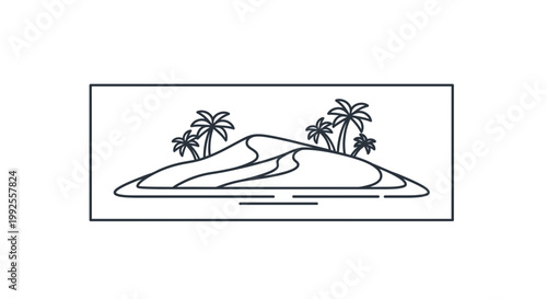 Tropical Island Oasis: Palm Trees, Sandy Dunes, and Ocean Waves - Minimalist Line Art