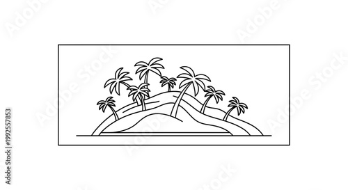Tropical Island Paradise: Lush Palm Trees on Rolling Hills, Minimalist Line Art