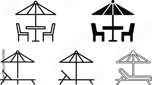 Outdoor Cafe and Beach Lounge Icon Set with Umbrella Table Chairs and Sunbed Furniture for Travel Hospitality Restaurant and Summer Vacation Design